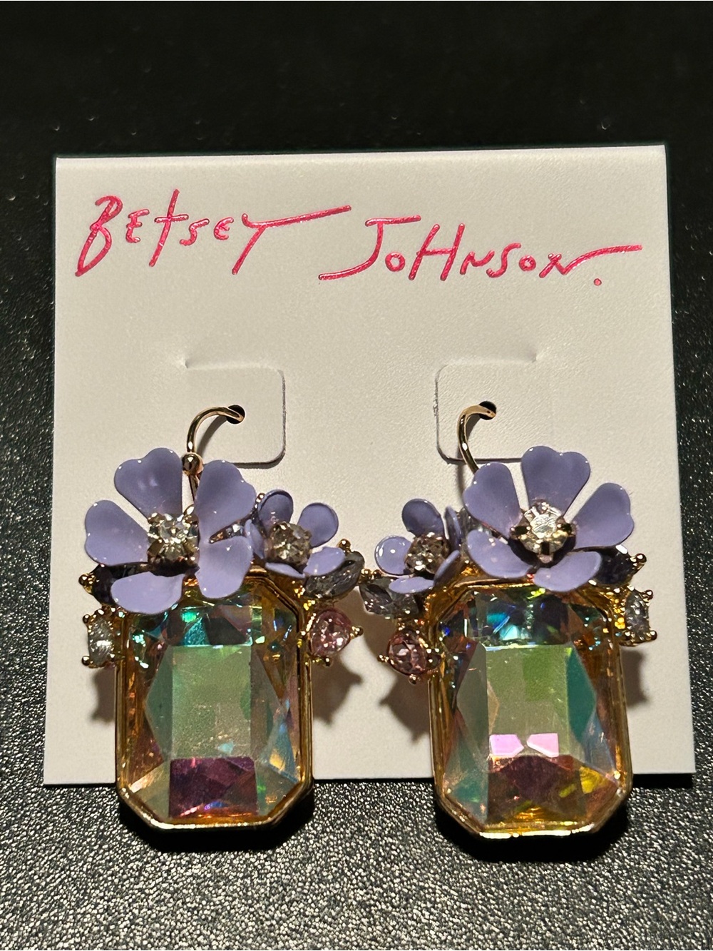 BETSEY JOHNSON LAVENDER-FLOWERED RHINESTONE HOOK-BACK EARRINGS/NWT!